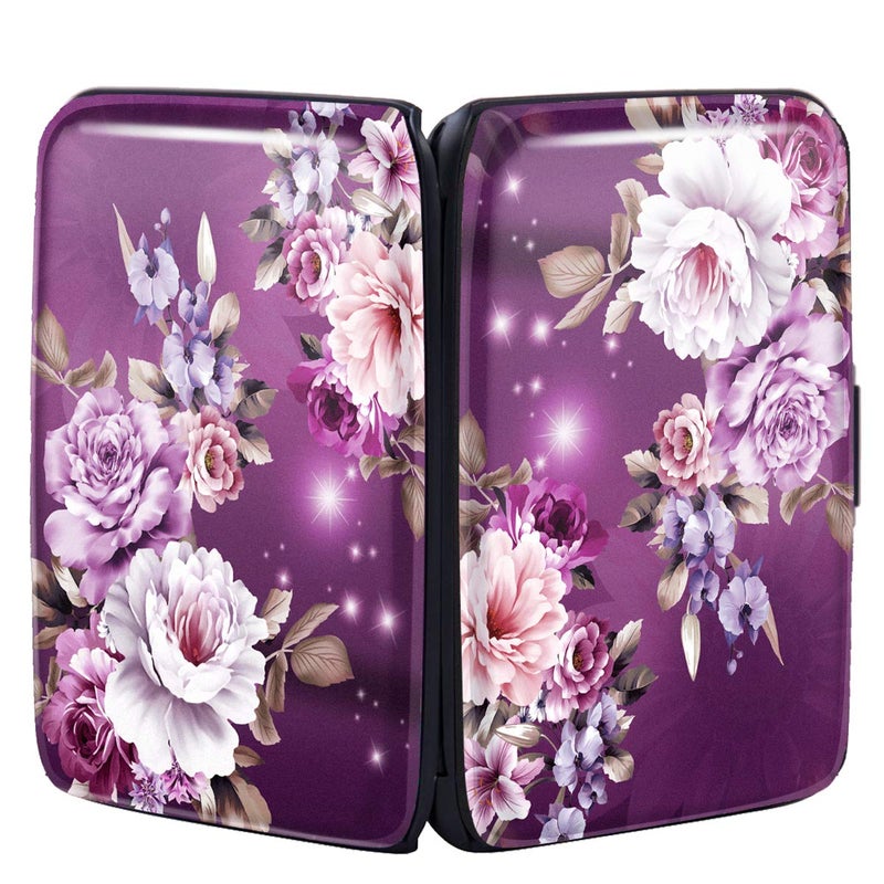 Coco Rossi Credit Card Holder for Women,RFID Blocking Slim Hard Mini Flowers Card Case ID Case Travel Wallet Purple - Image 4